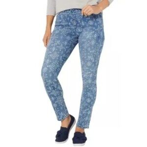 Denim and Co Printed Easy Stretch Regular Straight Jeans Womens 18 Blue Boho NEW